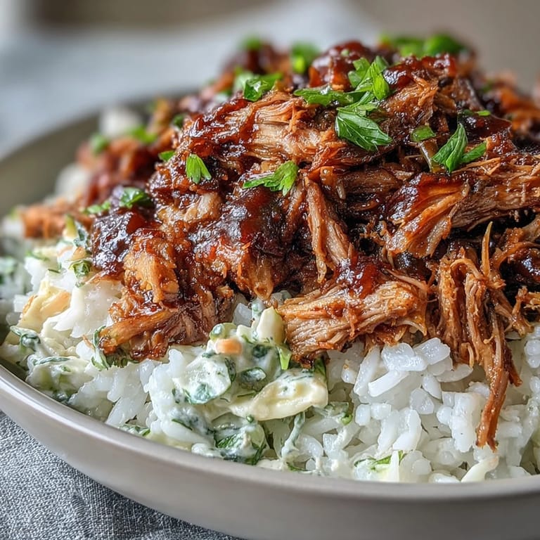 Golden bowl of pulled pork, fluffy rice, and crunchy coleslaw, drizzled with smoky barbecue sauce and fresh cilantro garnish.