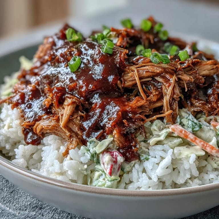 Savory pulled pork bowl with fluffy rice, tangy coleslaw, and barbecue sauce, served as a comforting dinner main dish.