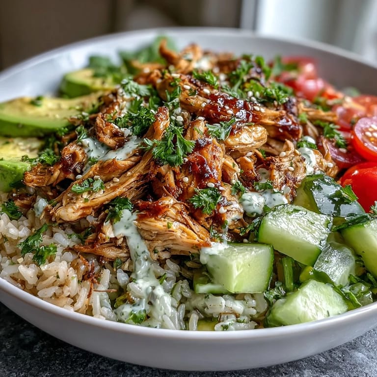 Shredded rotisserie chicken sits on hearty grains, drizzled with green goddess dressing and sprinkled with sesame seeds.