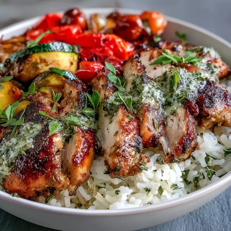 A wholesome Lemon Herb Roasted Chicken Bowl features juicy chicken, caramelized veggies, and fluffy rice, ready for a delicious dinner.
