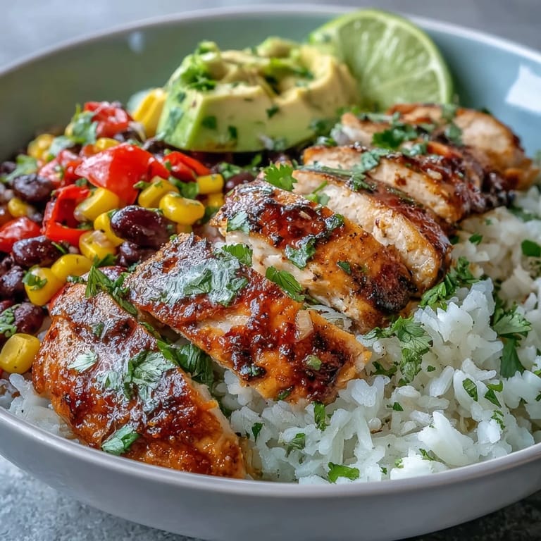 Cajun Chicken Bowl garnished with avocado and cilantro, served with lime wedges for bright flavor.