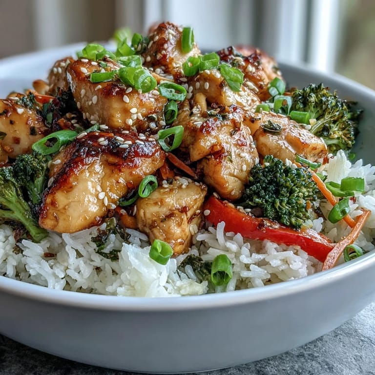 This easy Chicken and Rice Bowl is plated and ready to serve, showcasing juicy chicken and vegetables over a bed of steaming grains.