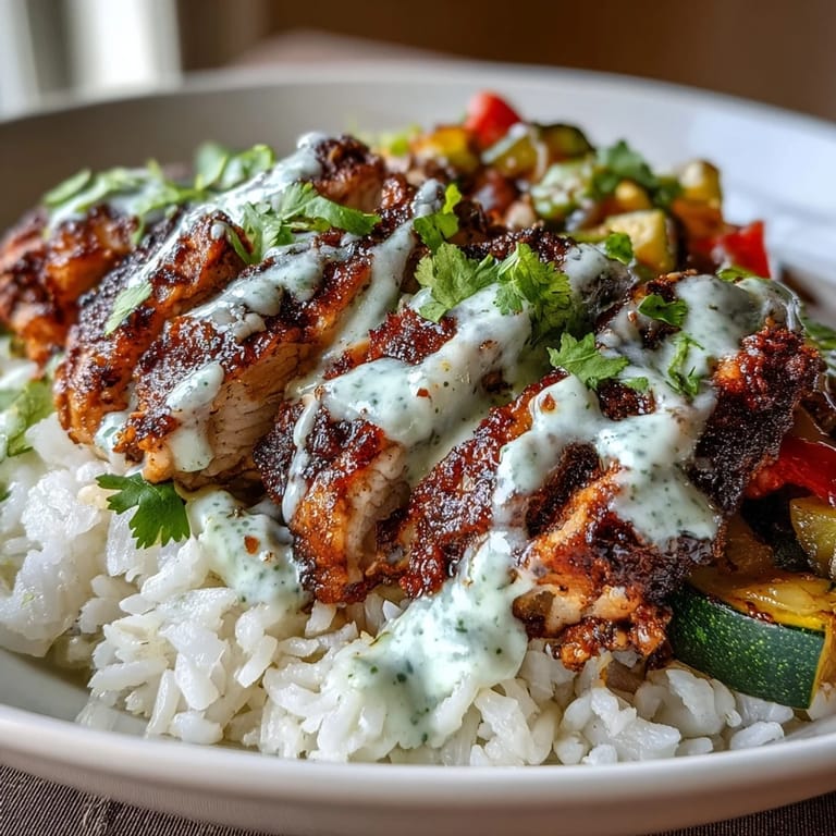 Sizzling blackened chicken slices over fluffy rice with vibrant peppers and onions, drizzled with creamy lime crema.