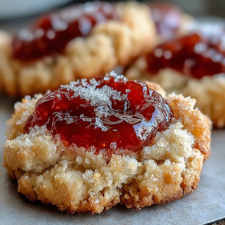 Easy Guava Jam Thumbprint Cookies with golden edges and a glossy fruit center, perfect for an afternoon dessert or tea party.