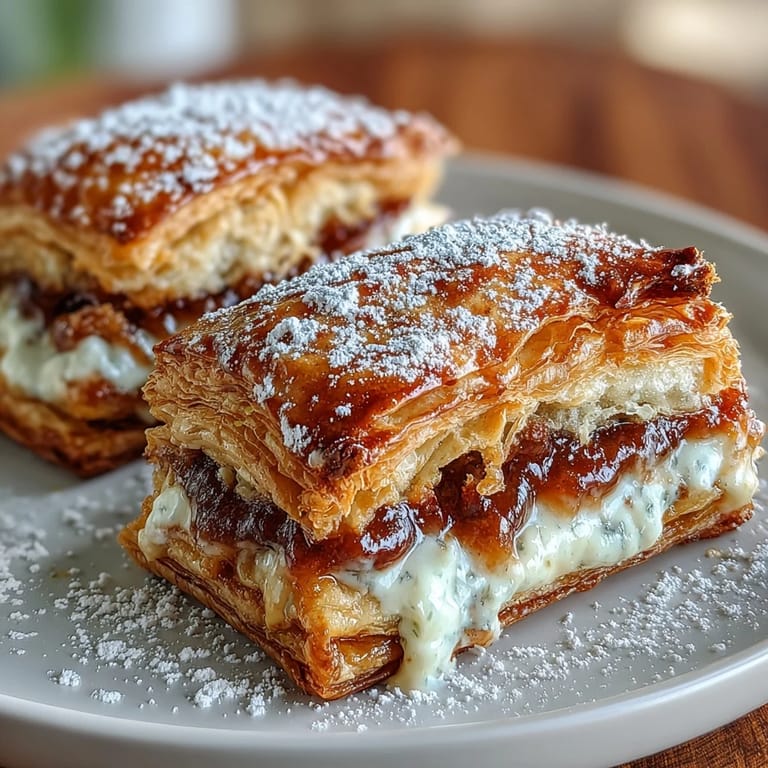 Steam rises from warm Guava Cheese Pastries on a rustic wooden board, with a light dusting of powdered sugar and a cup of coffee nearby.