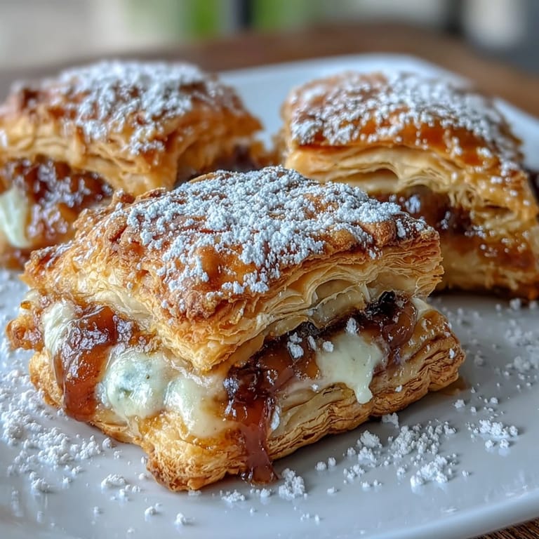 A close-up of a Guava Cheese Pastries shows melted cheese stretching from the sweet guava filling inside the crisp, golden puff pastry layers.