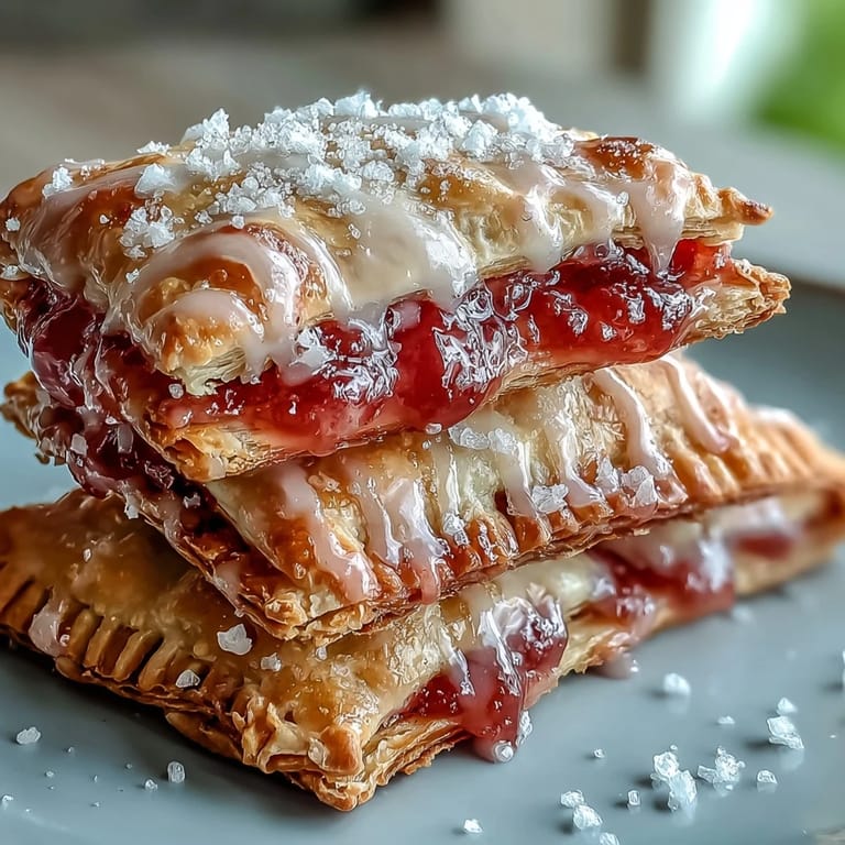 A stack of three Guava Cheese Pop Tarts shows the sweet guava jam and creamy cheese filling spilling out from the cut edges.