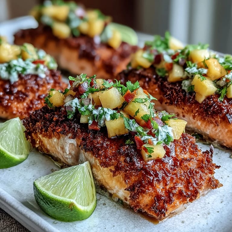 Pan-seared and baked Coconut Crusted Salmon with Pineapple Salsa plated on a white dish.