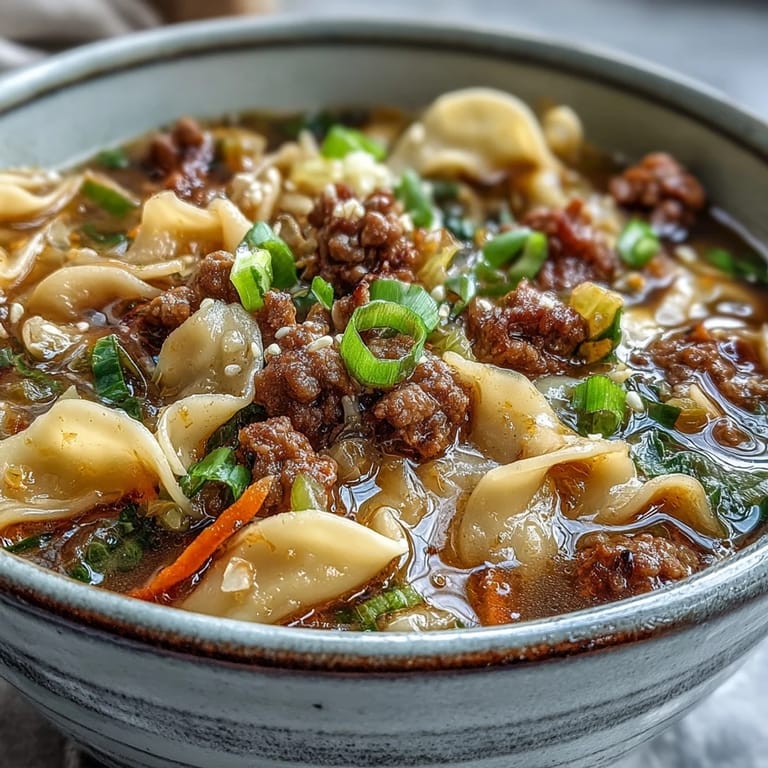 Overhead view of Cozy One-Pot Egg Roll Soup with Green Onions and Ginger beside chopsticks, ready to enjoy on a cozy night.