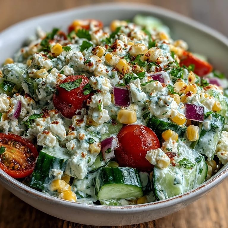 A close-up view of Street Corn Creamy Cucumber Salad featuring sweet corn, diced cucumbers, and cherry tomatoes in creamy dressing.