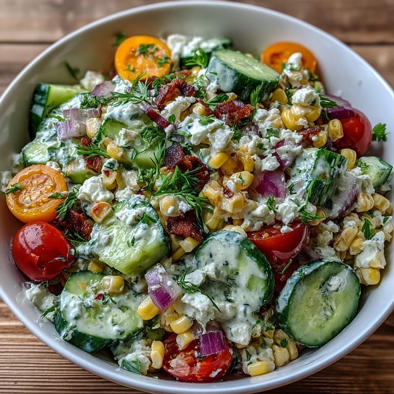Summer Street Corn Creamy Cucumber Salad in a white bowl, ready to be scooped onto a plate alongside grilled tacos.