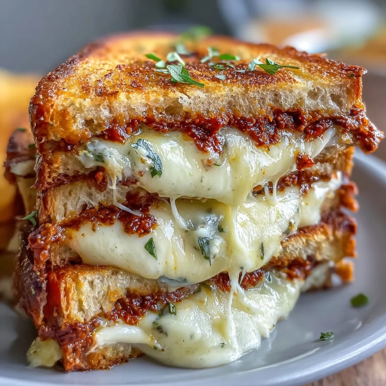 Butter-browned bread layered with creamy mozzarella and vibrant sun-dried tomato pesto, served warm and melty.