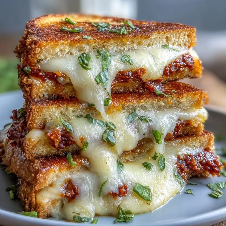 Toasted sandwich halves reveal a gooey, rich mozzarella and savory pesto filling for a quick lunch.