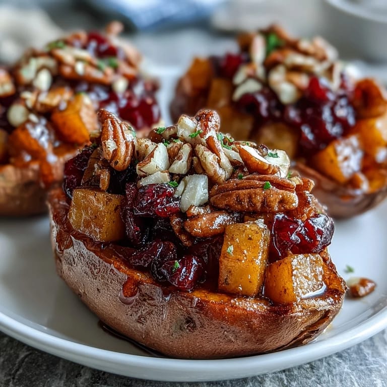 Close-up of Cranberry Apple Twice Baked Sweet Potatoes revealing tender sweet potato flesh mixed with tart cranberries and apples.