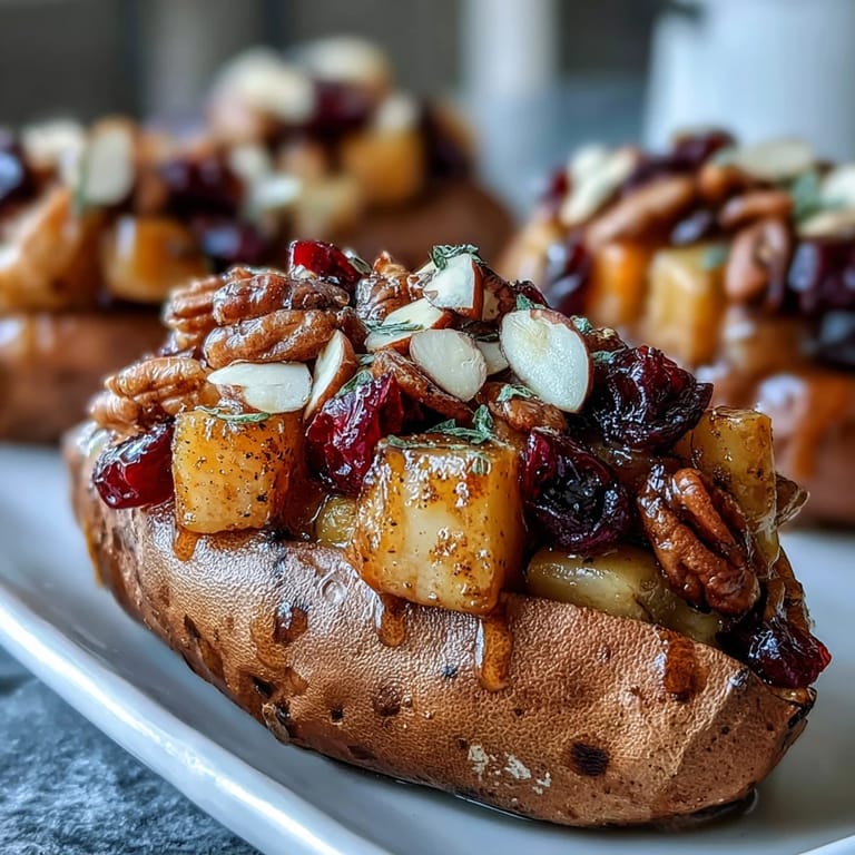 A festive platter of Cranberry Apple Twice Baked Sweet Potatoes garnished with toasted pecans and a drizzle of maple syrup.