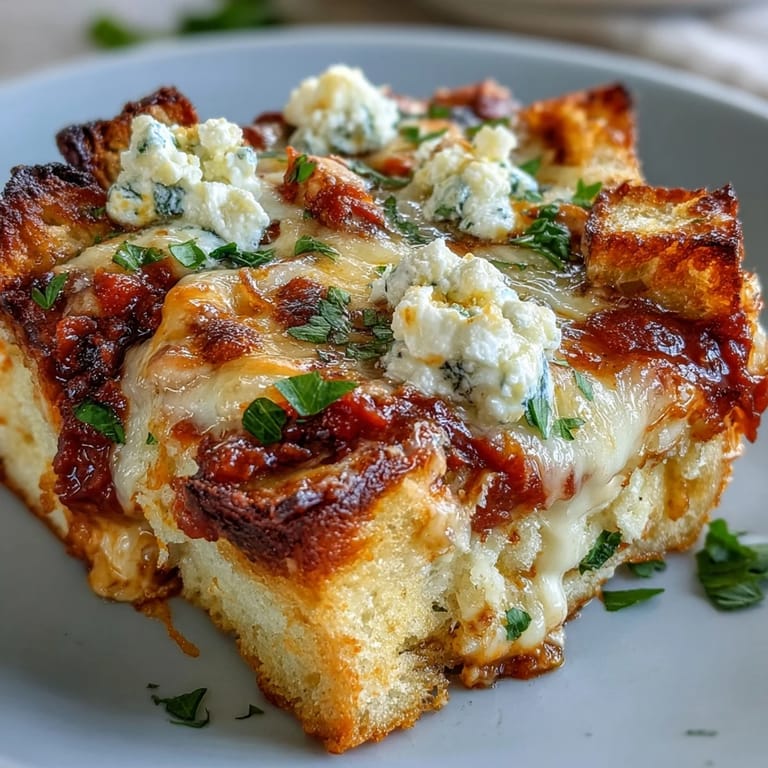 Ricotta and marinara layers mingle with garlic bread cubes in the rustic Cheesy Garlic Bread Lasagna Skillet.