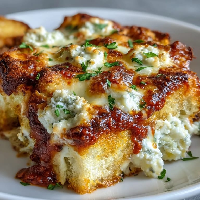 A hearty slice of Cheesy Garlic Bread Lasagna Skillet is served beside a crisp green salad.
