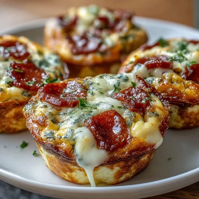 A close-up of High-Protein Pepperoni Breakfast Cups on a white plate, with vibrant diced red bell peppers and a side of warm marinara for dipping.