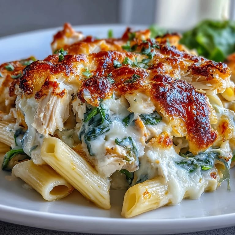 Hearty slice of Greek Yogurt Chicken Alfredo Bake on a plate next to a fresh salad, showcasing a high-protein Italian-American dinner.