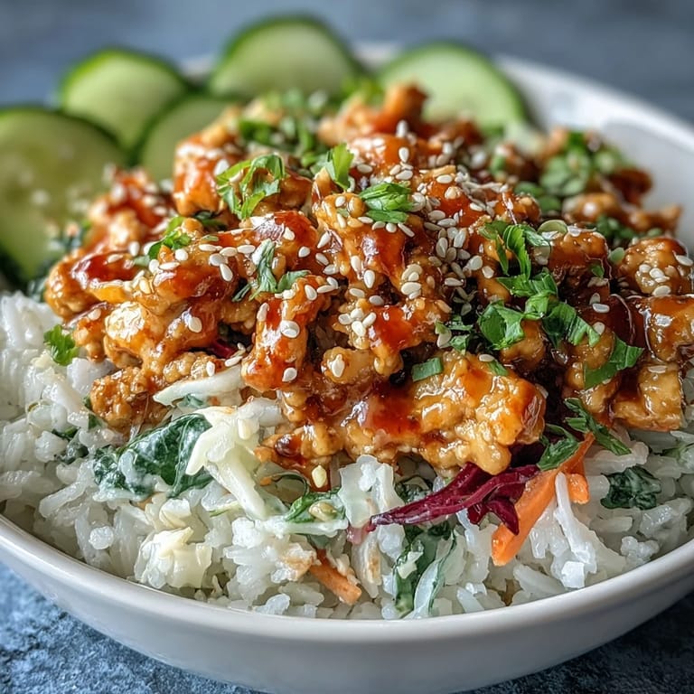 A close-up of Spicy Bang Bang Turkey Rice Bowls garnished with sesame seeds, scallions, and lime wedges for a zesty finish.