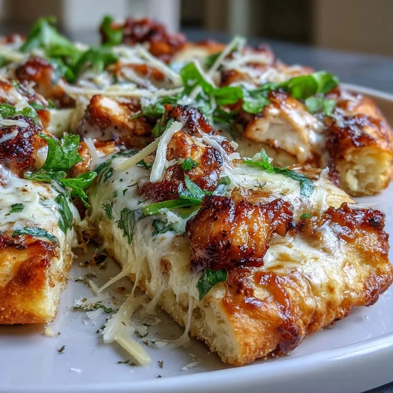Golden-baked Garlic Naan Chicken Caesar Pizzas with Caesar dressing drizzle and parmesan shavings
