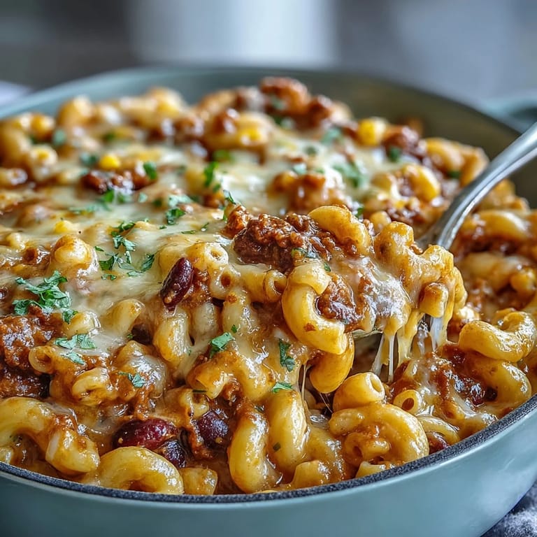 Golden, gooey melted cheese topping on One-Pot Tex-Mex Chili Mac with Corn, served hot with fresh cilantro and sliced jalapeños.