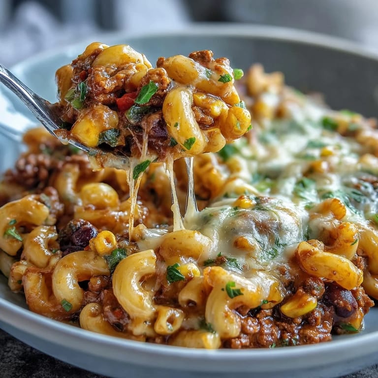 A family-style skillet of One-Pot Tex-Mex Chili Mac with Corn, garnished with sour cream and green onions, perfect for weeknight dinners.