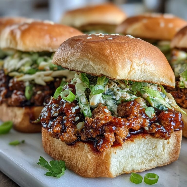 Tender Korean Turkey Sloppy Joe Sliders topped with tangy, crunchy slaw and sesame seeds, served warm on a soft bun.
