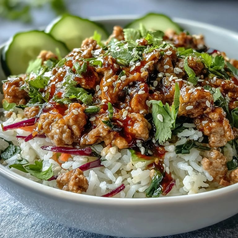 Easy weeknight bang bang turkey rice bowls featuring saucy turkey, crunchy cabbage, and carrots, finished with a drizzle of spicy sauce.
