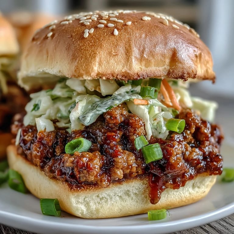 A close look at Korean Turkey Sloppy Joe Sliders shows juicy turkey and crunchy slaw on buns.