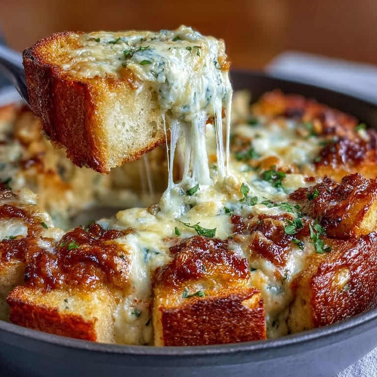 A hearty Italian-American casserole serves six, featuring golden garlic bread, rich meat sauce, and gooey cheese in a rustic cast-iron skillet.