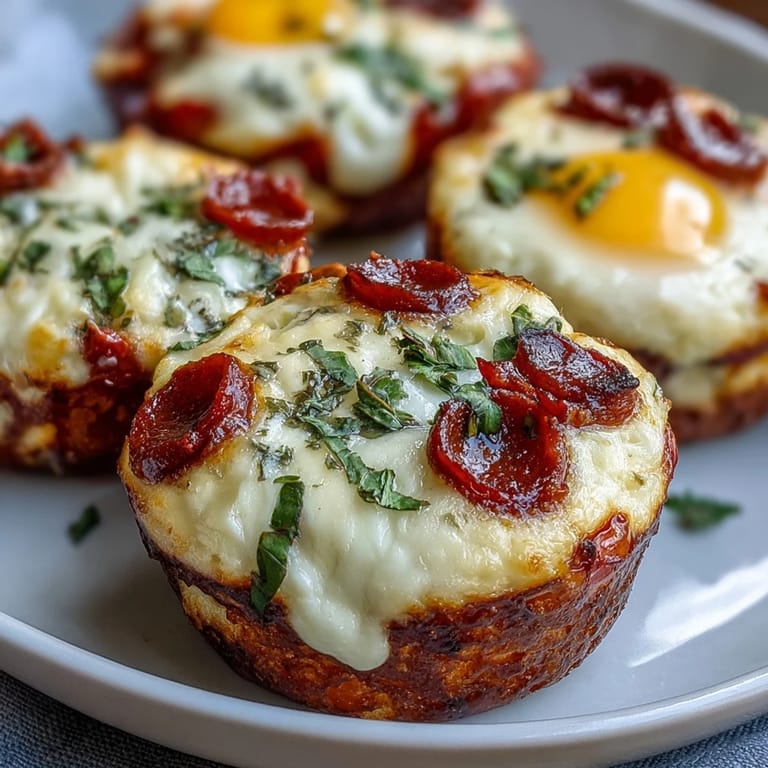 Six savory High-Protein Pepperoni Breakfast Cups served on a white plate with a small bowl of pizza sauce for dipping.