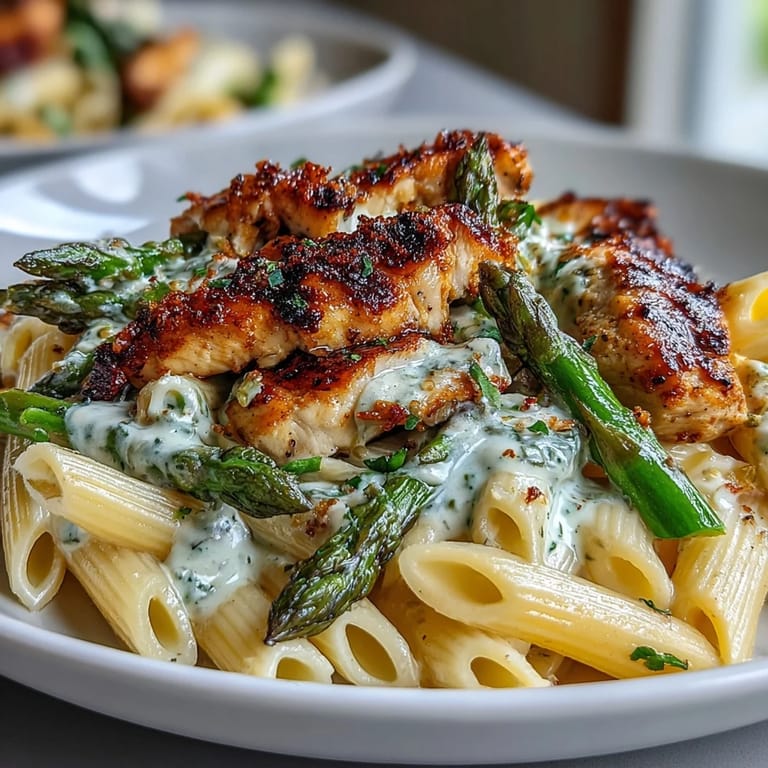 Cheesy Italian-American Crispy Parmesan Asparagus Chicken Pasta in a skillet with parsley garnish, ready to serve for dinner.