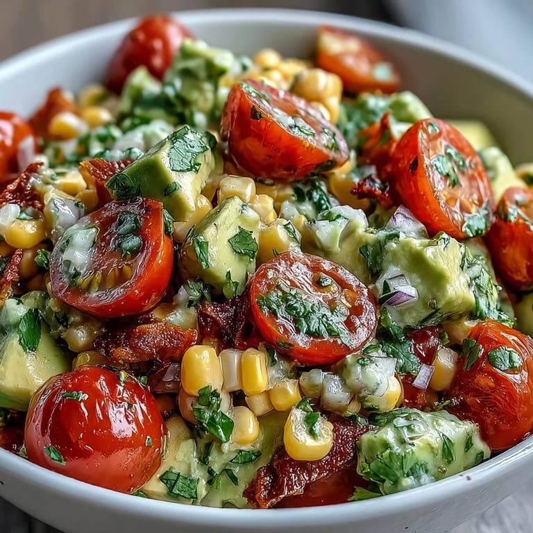 Tossing Fresh Corn and Tomato Salad with Avocado and Lime in a wooden bowl, drizzling zesty lime dressing over the vegetables.