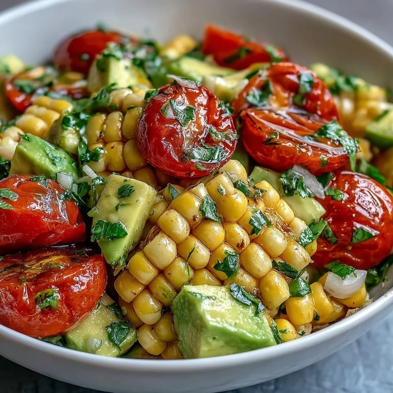 A vibrant Fresh Corn and Tomato Salad with Avocado and Lime sits beside a pitcher of iced tea on a picnic table.