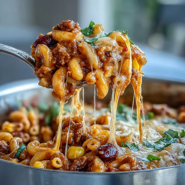 Vibrant Tex-Mex Chili Mac featuring tender macaroni, sweet corn, and smoky spices, topped with shredded Mexican cheese blend.  