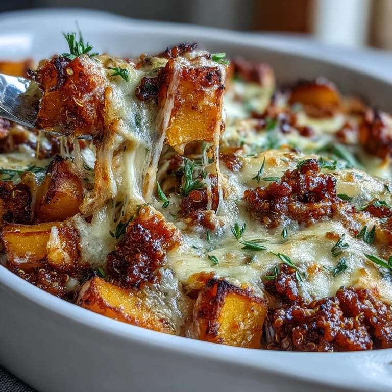 Cozy baked casserole featuring roasted butternut squash, savory Italian sausage, and gooey mozzarella, perfect for chilly evenings.
