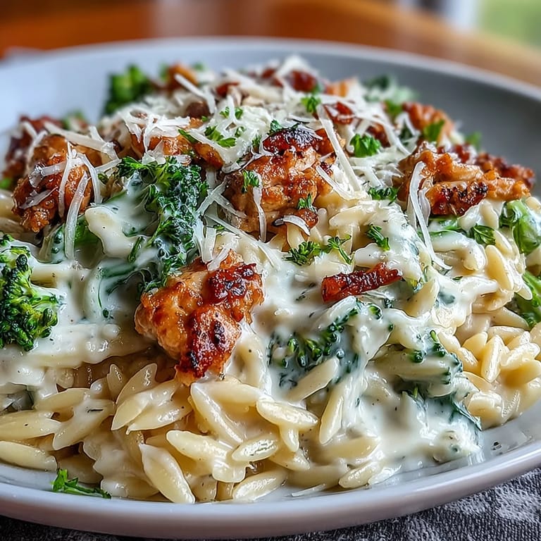 A cozy family dinner featuring Creamy Garlic Turkey & Broccoli Orzo, topped with grated Parmesan and a sprinkle of red pepper flakes for subtle heat.