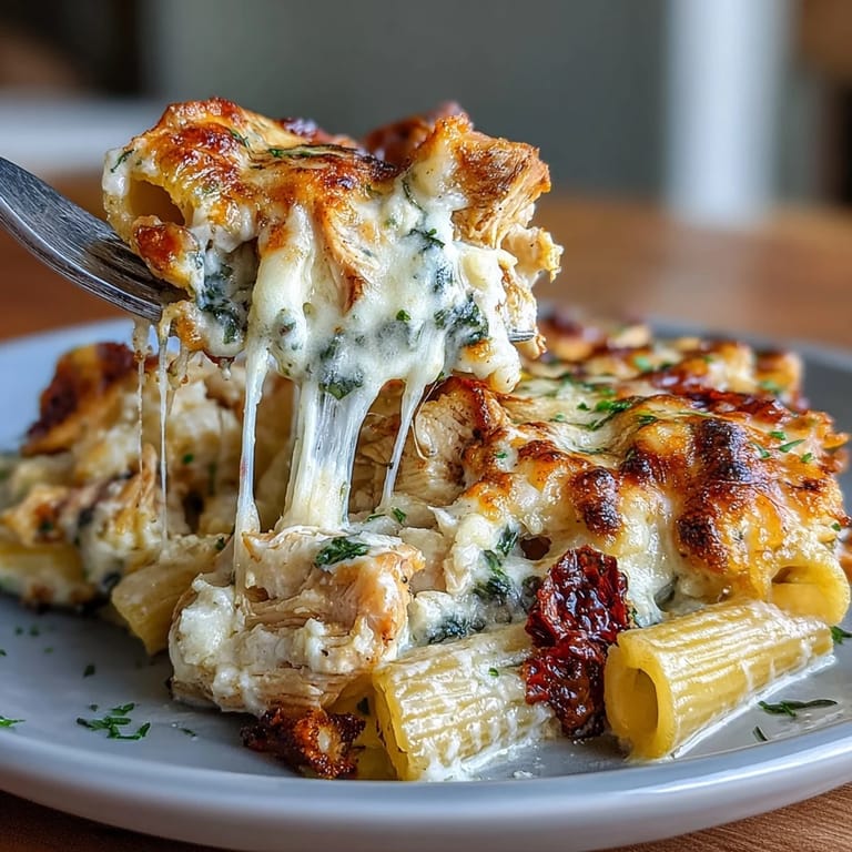 High-protein Greek yogurt chicken Alfredo bake served hot from the oven with a rich, creamy sauce and savory chicken in every bite.