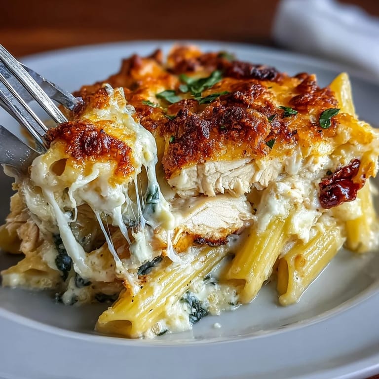 Golden-baked Greek yogurt Alfredo pasta casserole featuring shredded chicken, spinach, and sun-dried tomatoes, topped with bubbling Parmesan cheese.  