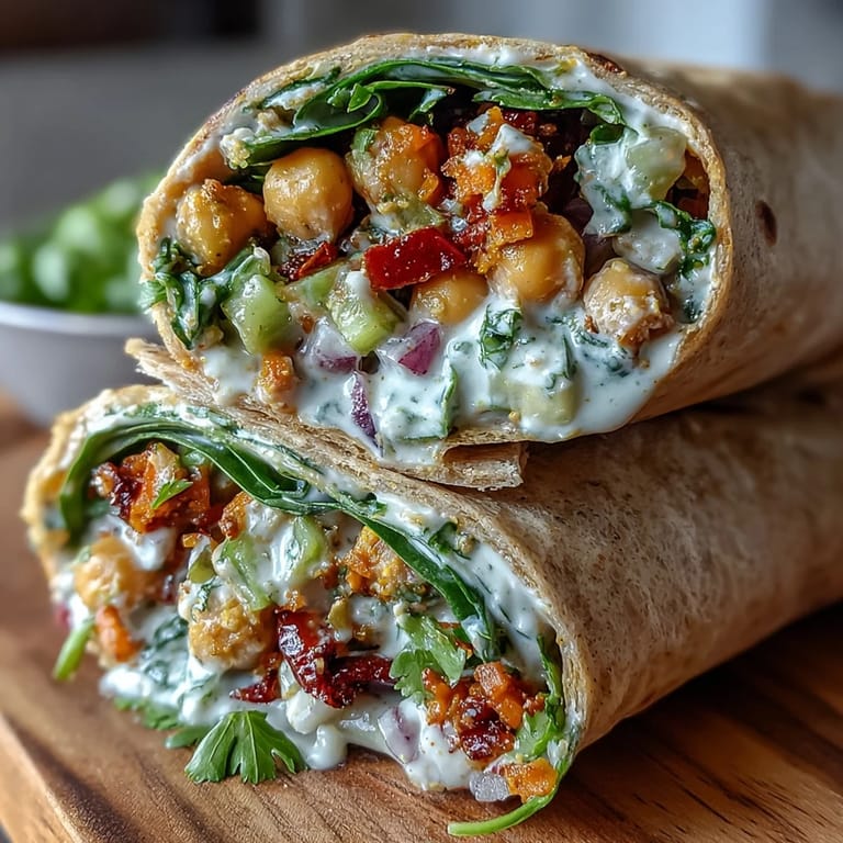 Creamy curry-spiced chickpea salad with coconut yogurt, crunchy celery, and red bell pepper, wrapped in whole wheat tortillas with spinach and cucumber strips.