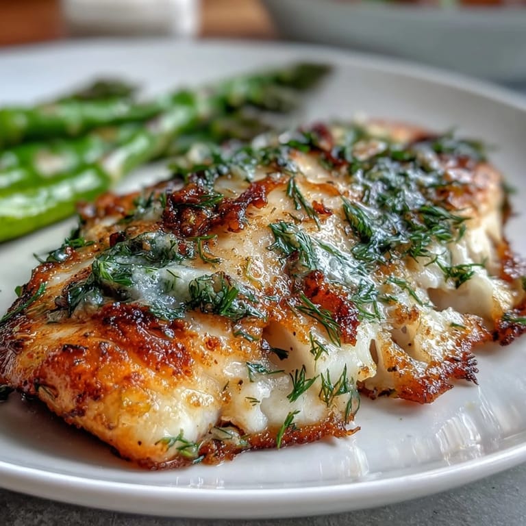 Healthy, gluten-free lemon herb tilapia and steamed asparagus, garnished with parsley and lemon wedges for a fresh, colorful presentation.