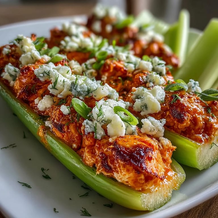 Spicy buffalo chicken mixture spooned into crunchy celery boats and topped with creamy blue cheese crumbles creates a bold keto-friendly snack or party appetizer.