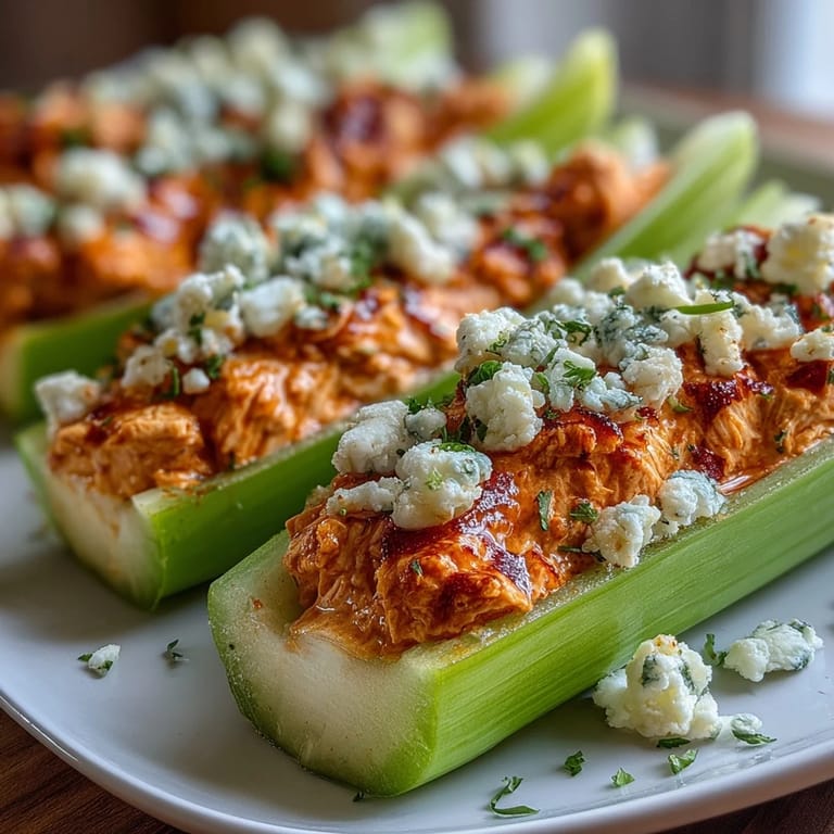 Tender buffalo chicken stuffed inside fresh celery stalks, garnished with rich blue cheese crumbles, offers a satisfying crunch and heat in every bite.