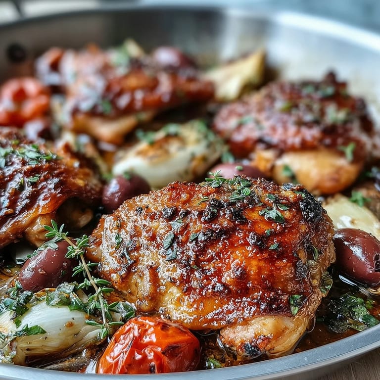 Easy one-pan Mediterranean chicken with olives and artichokes, baked with lemon, garlic, and bell peppers for a flavorful gluten-free meal.