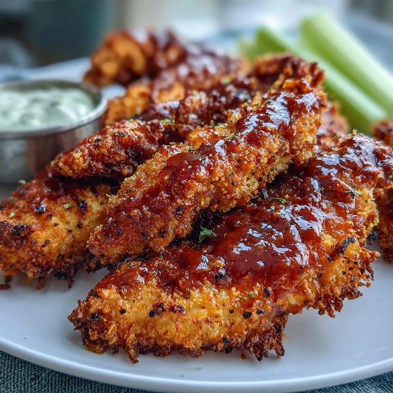 Golden fried chicken tenders tossed in spicy buffalo sauce, paired with crunchy celery and tangy ranch dip—perfect keto appetizer.  