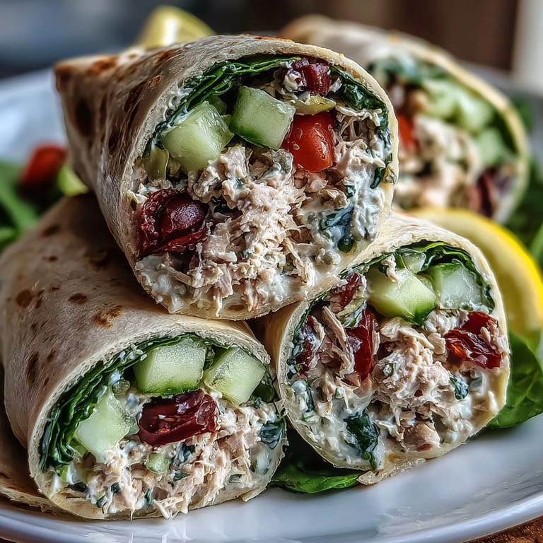 Fresh tuna and creamy white bean salad with cucumber, cherry tomatoes, and baby spinach, drizzled with olive oil-lemon dressing in soft spinach wraps.