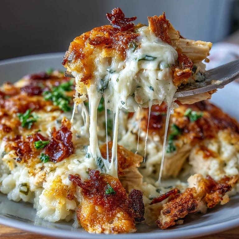 A golden-baked casserole featuring layers of shredded chicken, cauliflower rice, and melted cheese, topped with crispy bacon and fresh jalapeño slices.