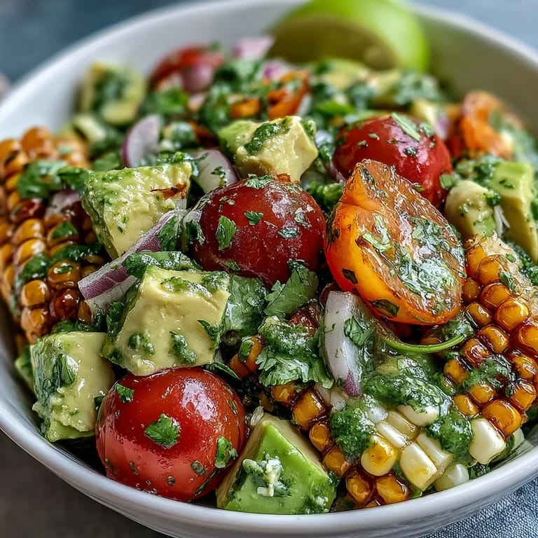 Colorful corn, tomato, and avocado salad tossed with lime dressing, garnished with fresh cilantro on a wooden table.