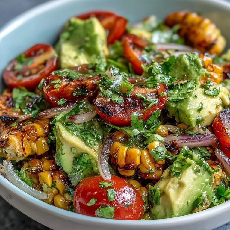 Vibrant avocado and tomato salad with sweet corn kernels, red onion, and bright lime vinaigrette, served as a side dish.